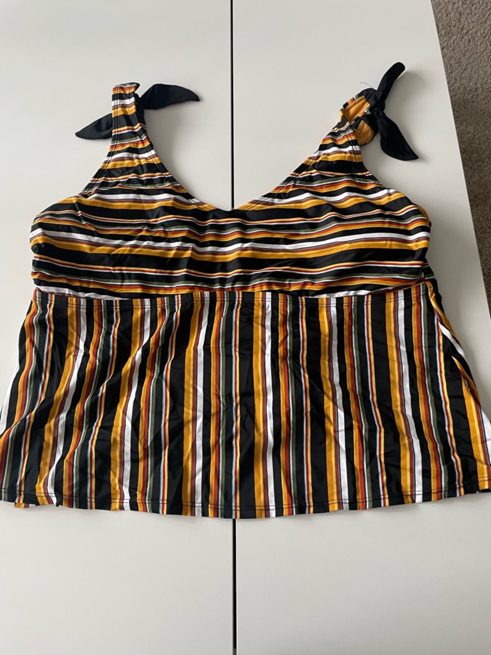 Time and Tru Striped Black Tie-Shoulder Swim Tankini Top